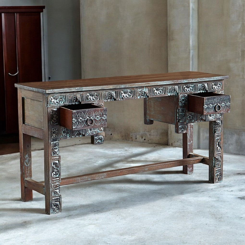 Hand-Carved Console Table – Solid Mango Wood Hallway Table with Drawers | J.L.HOME DECOR