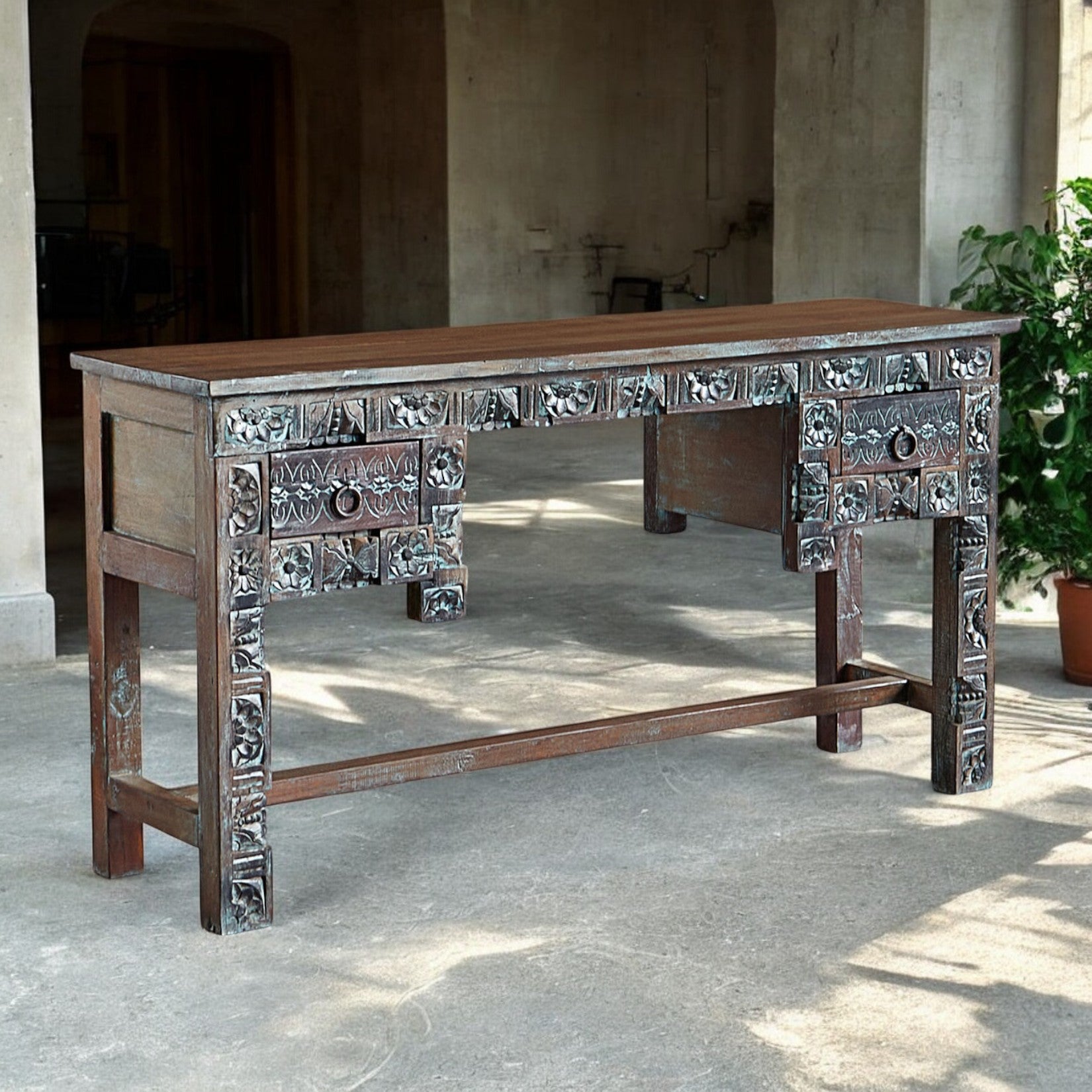 Hand-Carved Console Table – Solid Mango Wood Hallway Table with Drawers | J.L.HOME DECOR