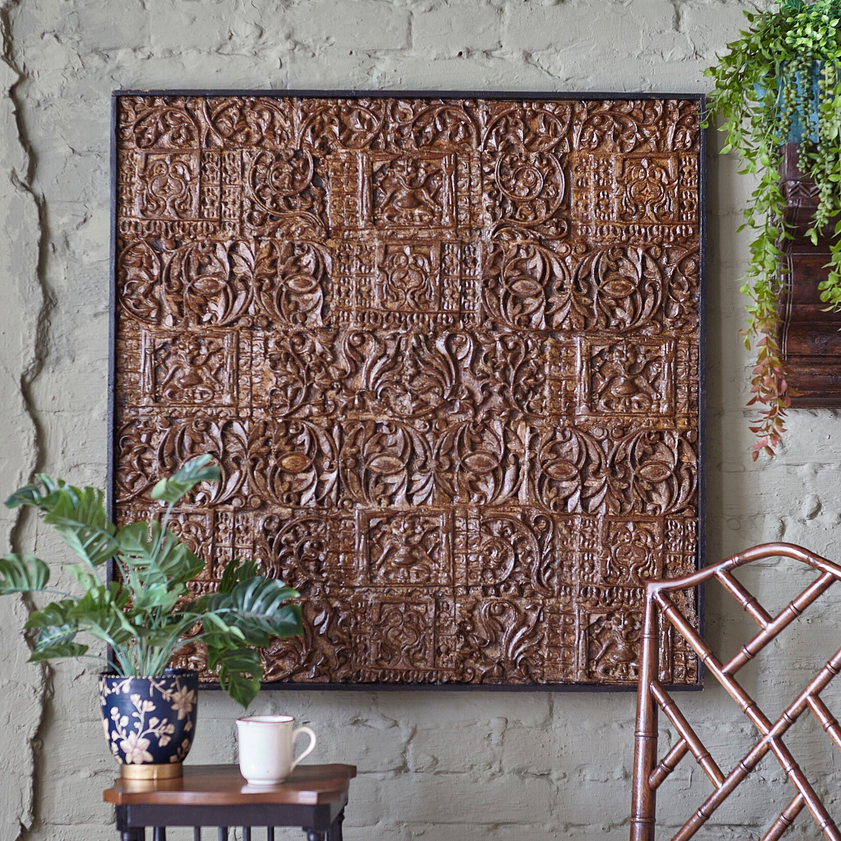 Handmade Wooden Carved Panel – Antique Wall Decor for Living Room (90x90cm) | J.L.HOME DECOR