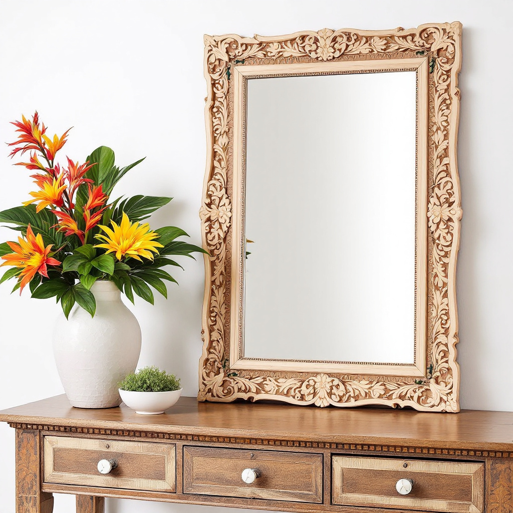 "Jodhpur hand-carved wooden mirror with an ornate carved frame, displayed on a wooden table."

