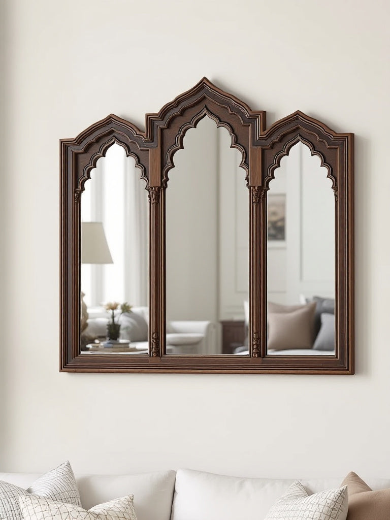 "Jodhpur hand-carved wooden Jharokha mirror with an antique finish, reflecting a living room interior."

