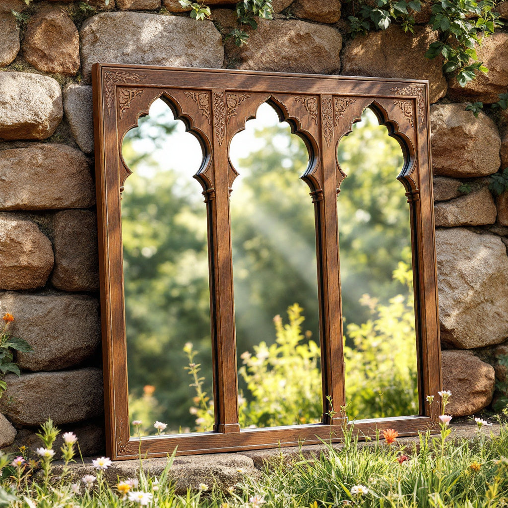 "Large wooden Jharokha mirror with an antique carved frame, reflecting a garden scene."

