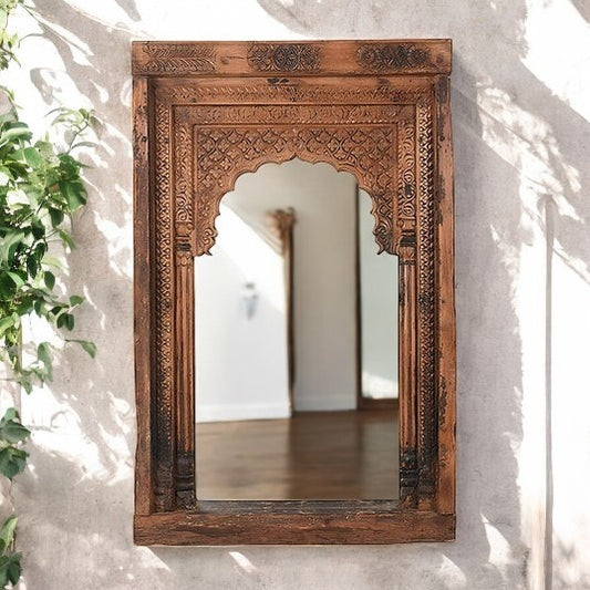 Carved Jharokha Wall Mirror | Handmade wall decor| Antique Finish Wall Mirror | carved wood wall decor |  jharokha mirror | antique mirror wall | vintage mirror india | big vintage mirror | vintage full length mirrors