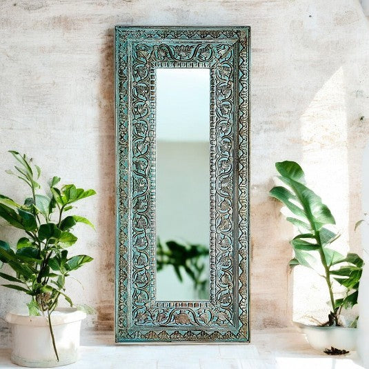 Long Rustic Wall Mirror Carved Jharokha Wall Mirror | Handmade wall decor| Antique Finish Wall Mirror | jharokha mirror | antique mirror wall | vintage mirror india | big vintage mirror | vintage full mirror