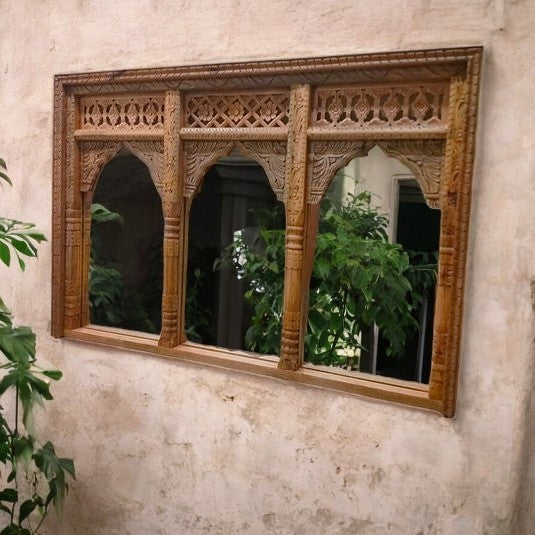 Wood Jharokha Mirror|Jharokha Wall Mirror| Carved Jharokha Wall Mirror | jharokha mirror | antique mirror wall | vintage mirror india | big vintage mirror | vintage full length mirrors