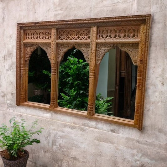 Wood Jharokha Mirror|Jharokha Wall Mirror| Carved Jharokha Wall Mirror | jharokha mirror | antique mirror wall | vintage mirror india | big vintage mirror | vintage full length mirrors