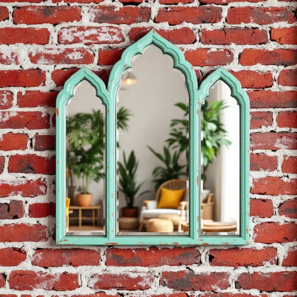 Vintage Jharokha Wall Mirror - Triple Arch Decorative Wooden Frame, Mint Green, Traditional Indian Style Mirror  aesthetic wall decor​ jlhomedecor2021.myshopify.com