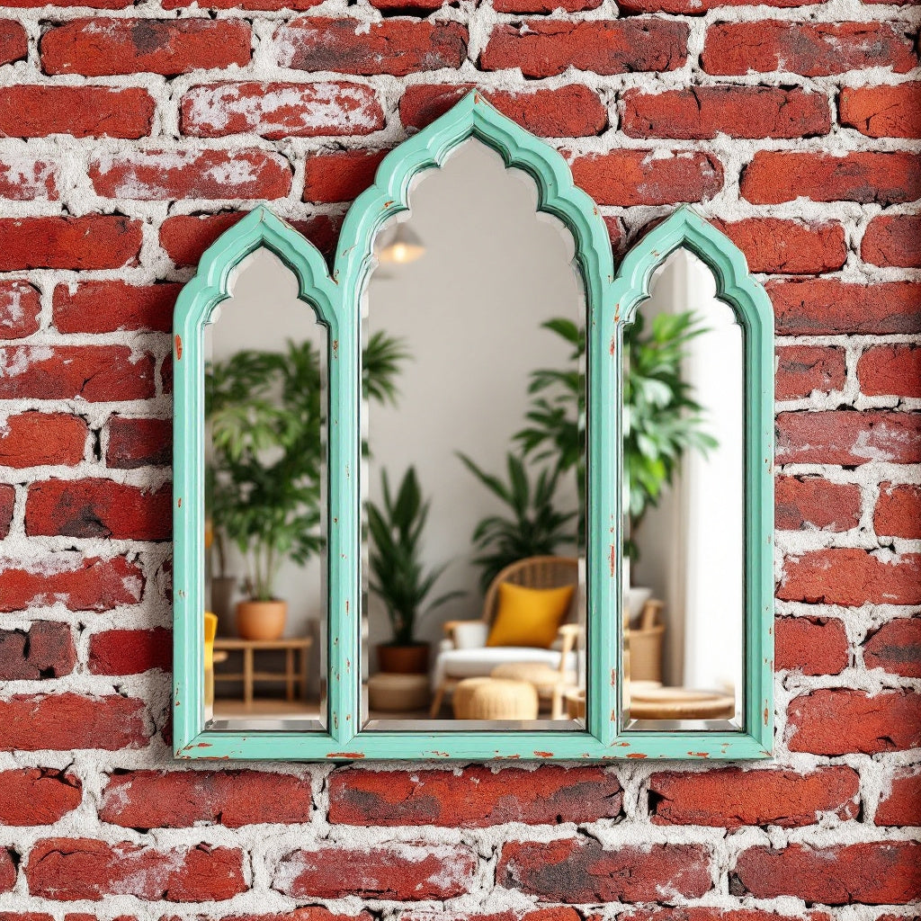 "Traditional Indian style vintage mirror with a unique architectural design, mounted on a rustic wooden wall."


