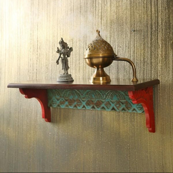 Colorful green and red handcarved mango wood wall shelf with floral designs – Jharokha-inspired shelf decor