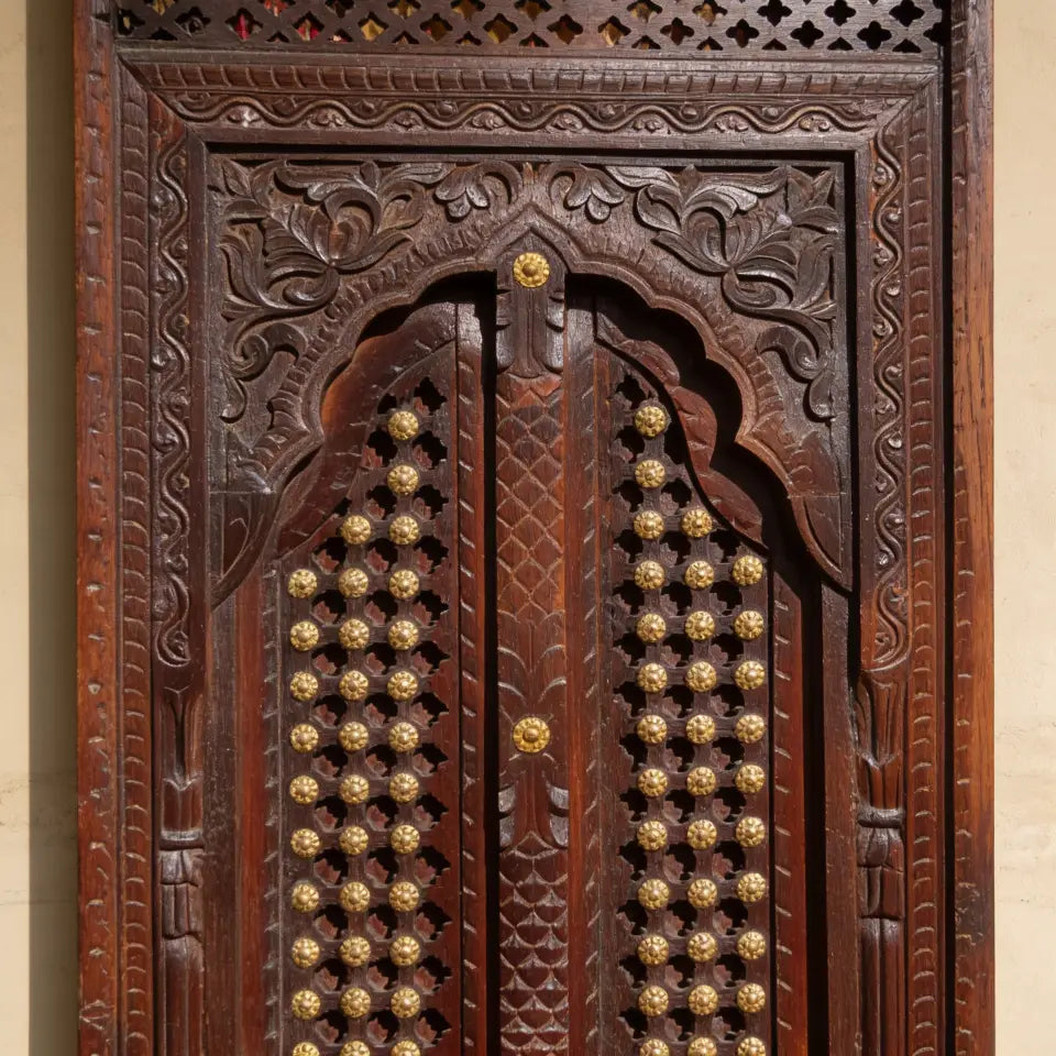 Hand Carved Wooden Window Door with Brass Studs | Antique Indian Doors – Arched Mihrab Design, 125x64 cm