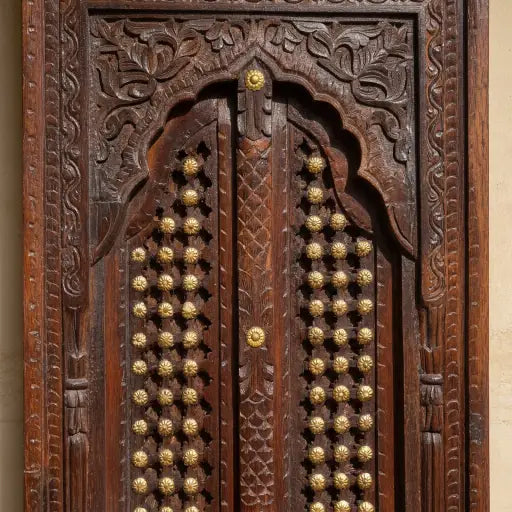 Hand Carved Wooden Window Door with Brass Studs | Antique Indian Doors – Arched Mihrab Design, 125x64 cm