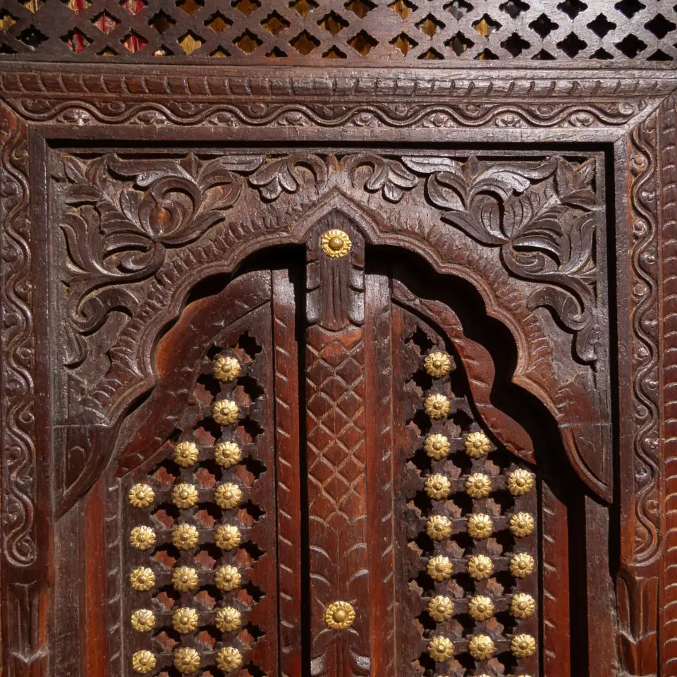 Hand Carved Wooden Window Door with Brass Studs | Antique Indian Doors – Arched Mihrab Design, 125x64 cm