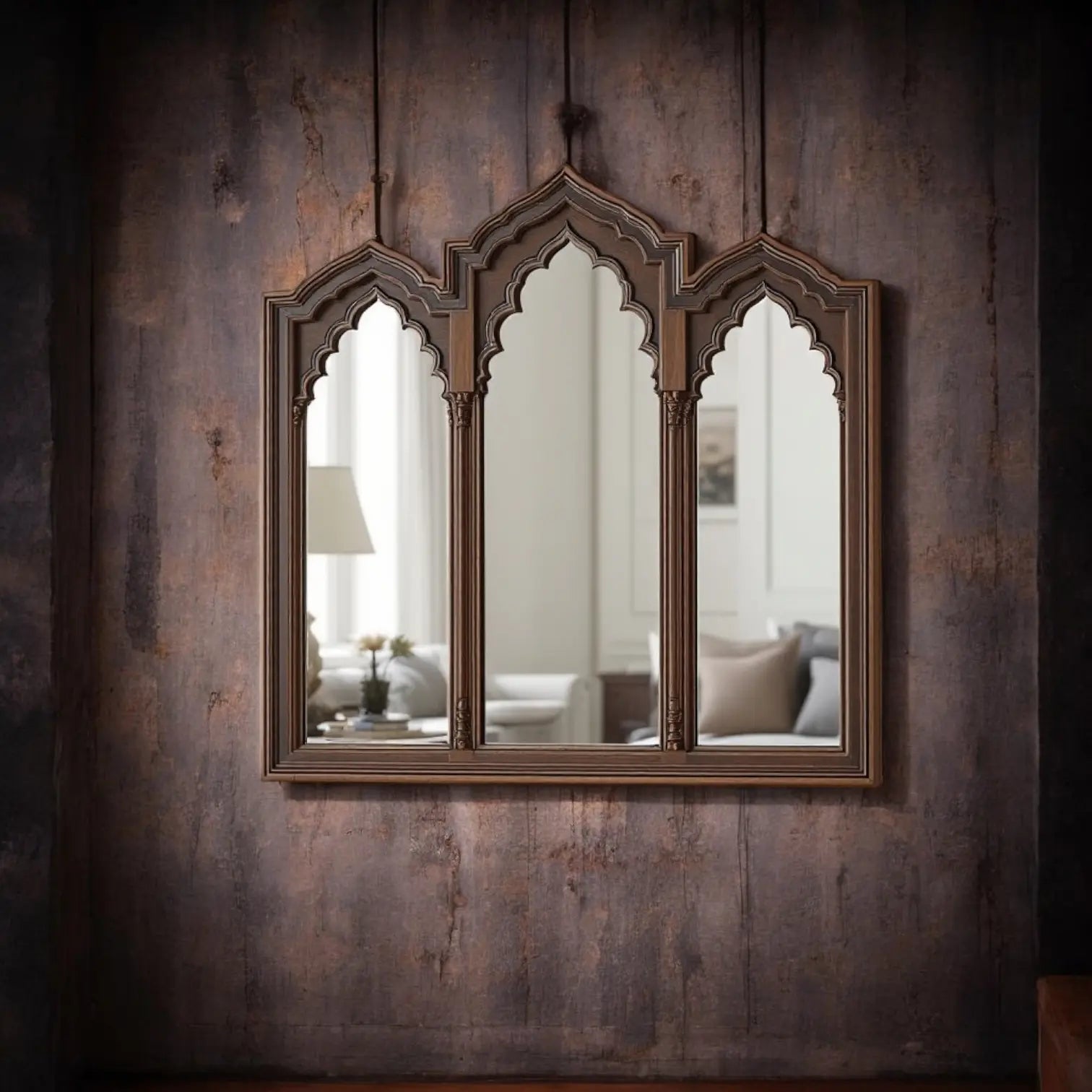 Jodhpur Hand-Carved Wooden Jharokha Mirror - Large Antique Rajasthani Style Wall Decor Mirror  "Vintage Jharokha wall mirror with a Moroccan arch design and distressed mint green frame jlhomedecor2021.myshopify.com