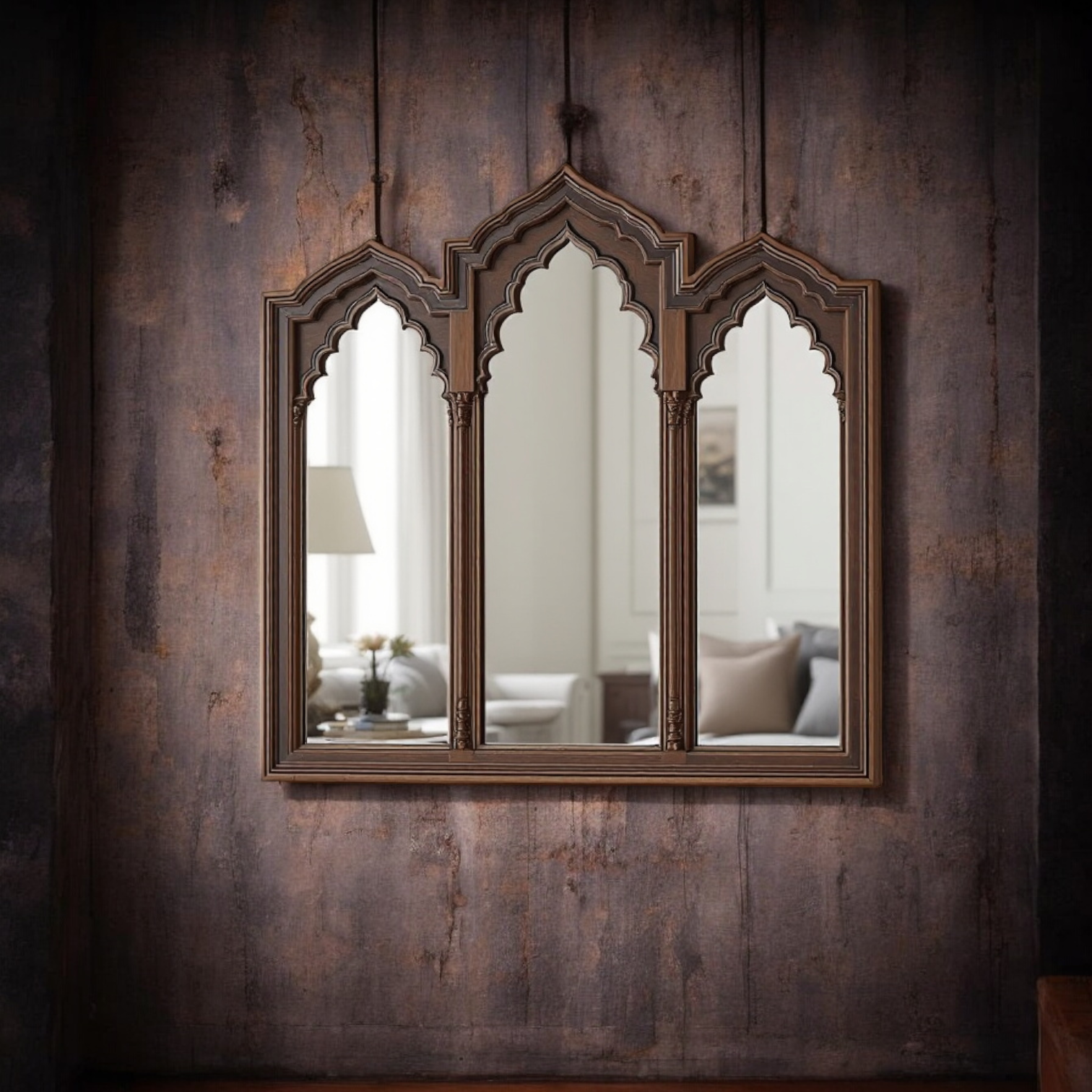 Jodhpur Hand-Carved Wooden Jharokha Mirror - Large Antique Rajasthani Style Wall Decor