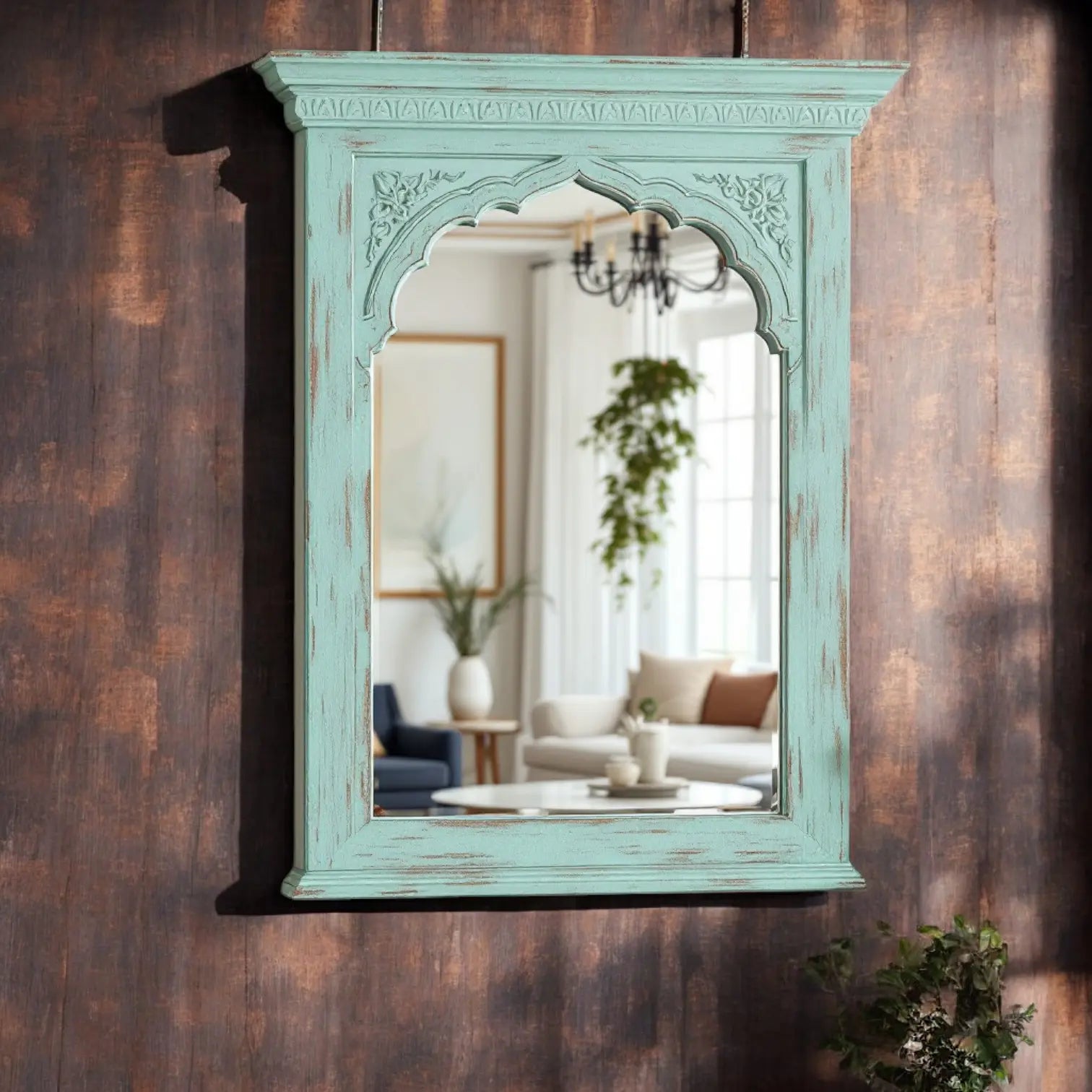 Jodhpur Vintage Wall Mirror - Distressed Mint Green, Carved Arch Jharokha Style, Decorative Frame Mirror  "Vintage Jharokha wall mirror with a Moroccan arch design and distressed mint green frame jlhomedecor2021.myshopify.com