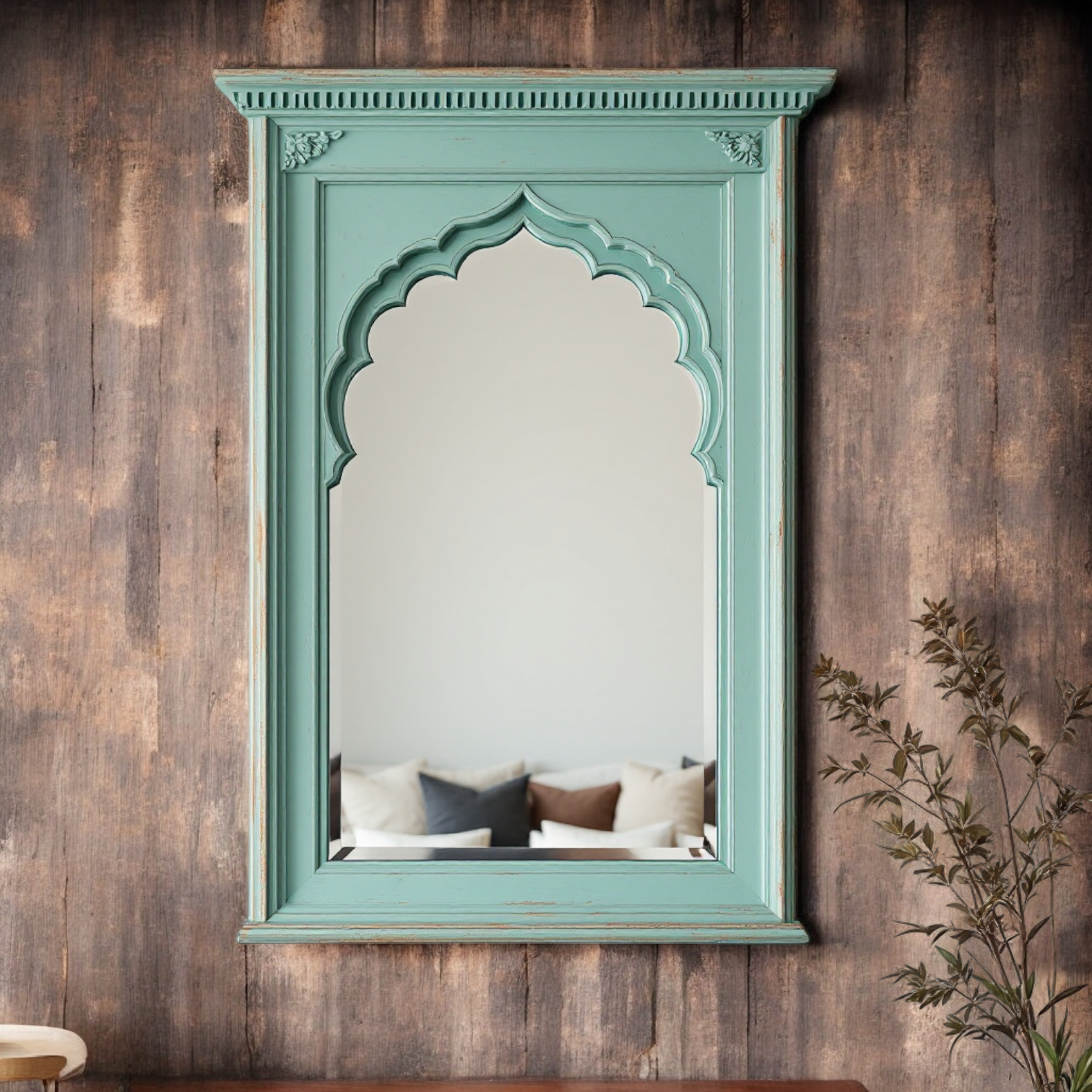 Jodhpur Carved Wooden Jharokha Mirror - Distressed Mint Green, Vintage Wall Decor, Rajasthan Style