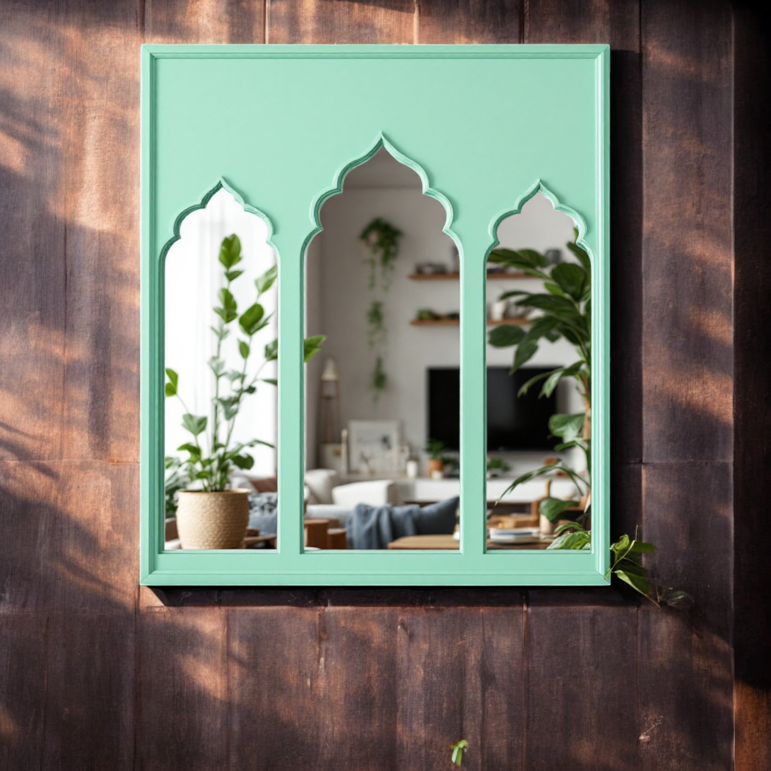 Mint Green Jharokha Wall Mirror - Decorative Triple Arch Mirror for Vintage Home Decor