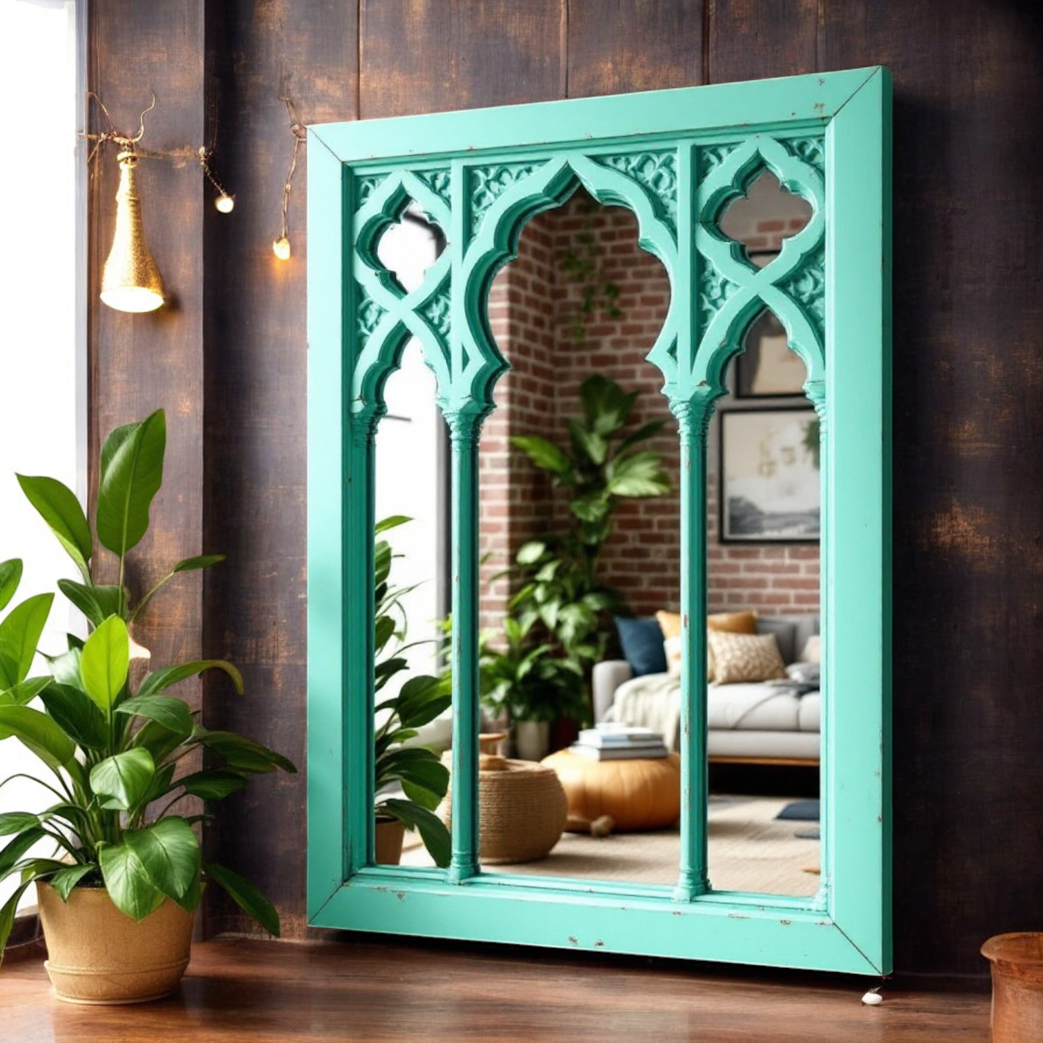 "Vintage Moroccan Jharokha wall mirror with an arched frame and mint green finish, reflecting a living room interior."

