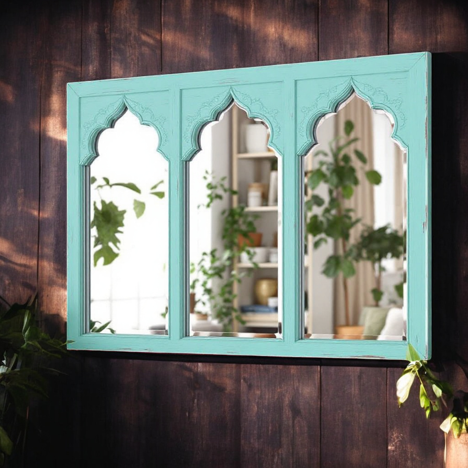 Mint Green Jharokha Wall Mirror - Antique Triple Vintage Wall Mirror for Home Decor