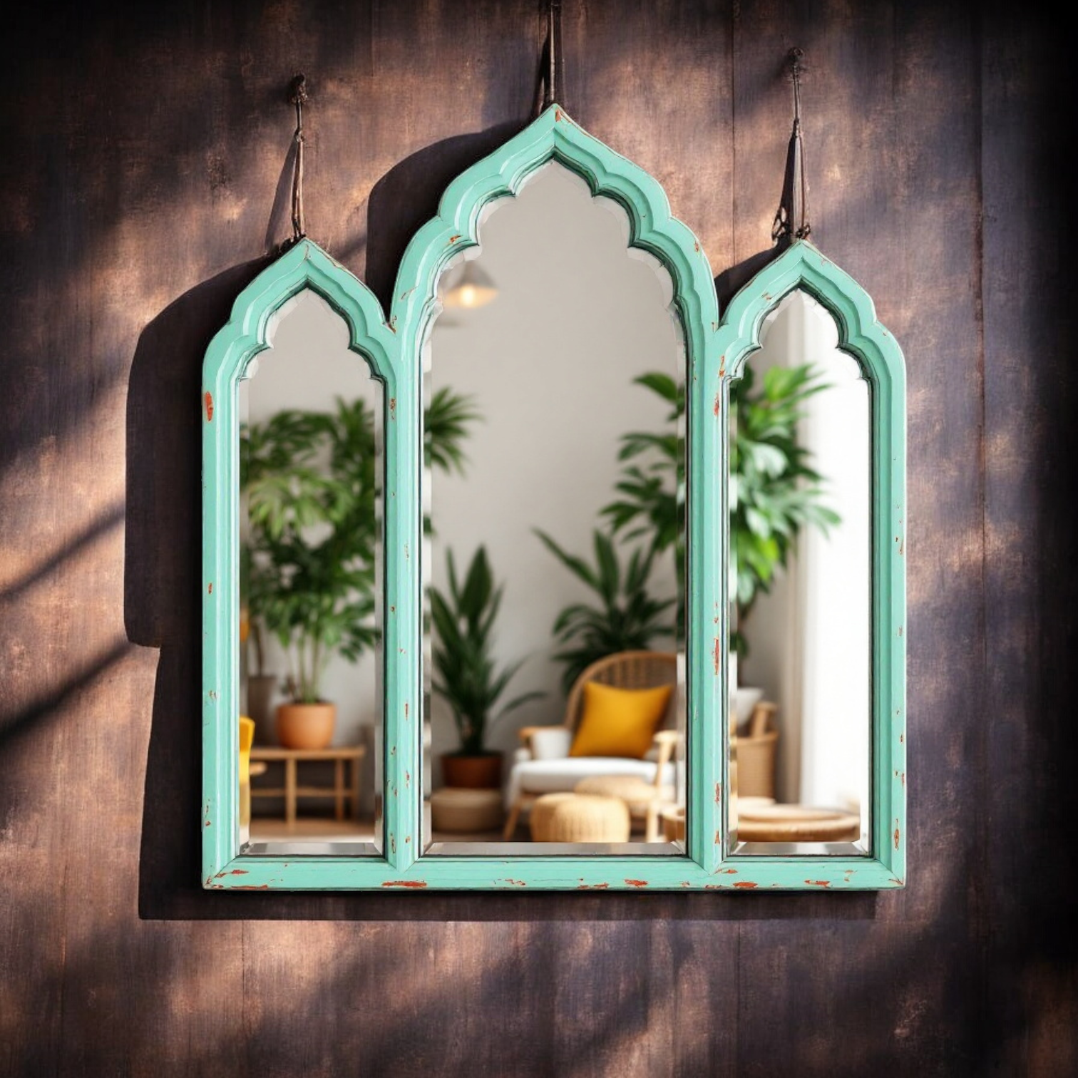 "Vintage Jharokha wall mirror with a triple arch design and distressed mint green frame, reflecting a living room interior."

