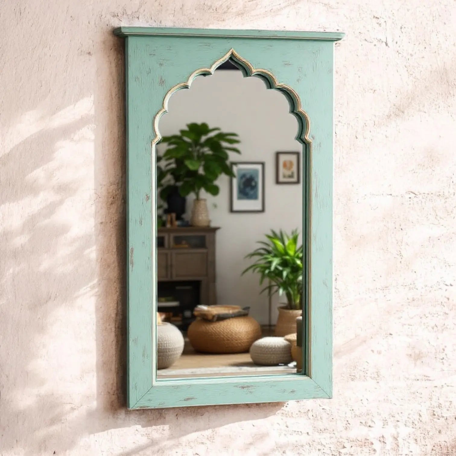 Distressed Mint Green Jharokha Wall Mirror - Moroccan Arch Design, Vintage Decorative Home Mirror Mirror  "Vintage Jharokha wall mirror with a Moroccan arch design and distressed mint green frame jlhomedecor2021.myshopify.com