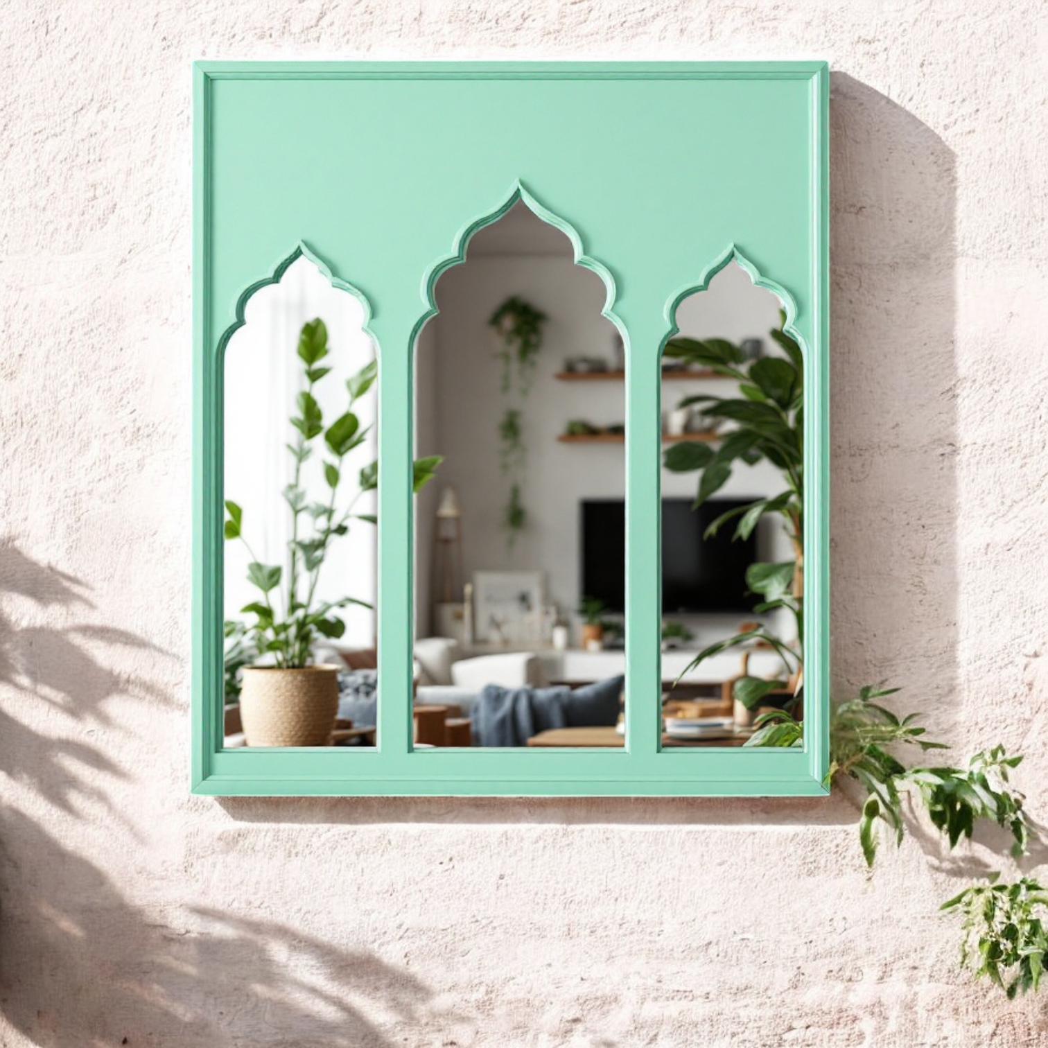 "Mint green Jharokha wall mirror with a triple arch design, reflecting a living room interior."

