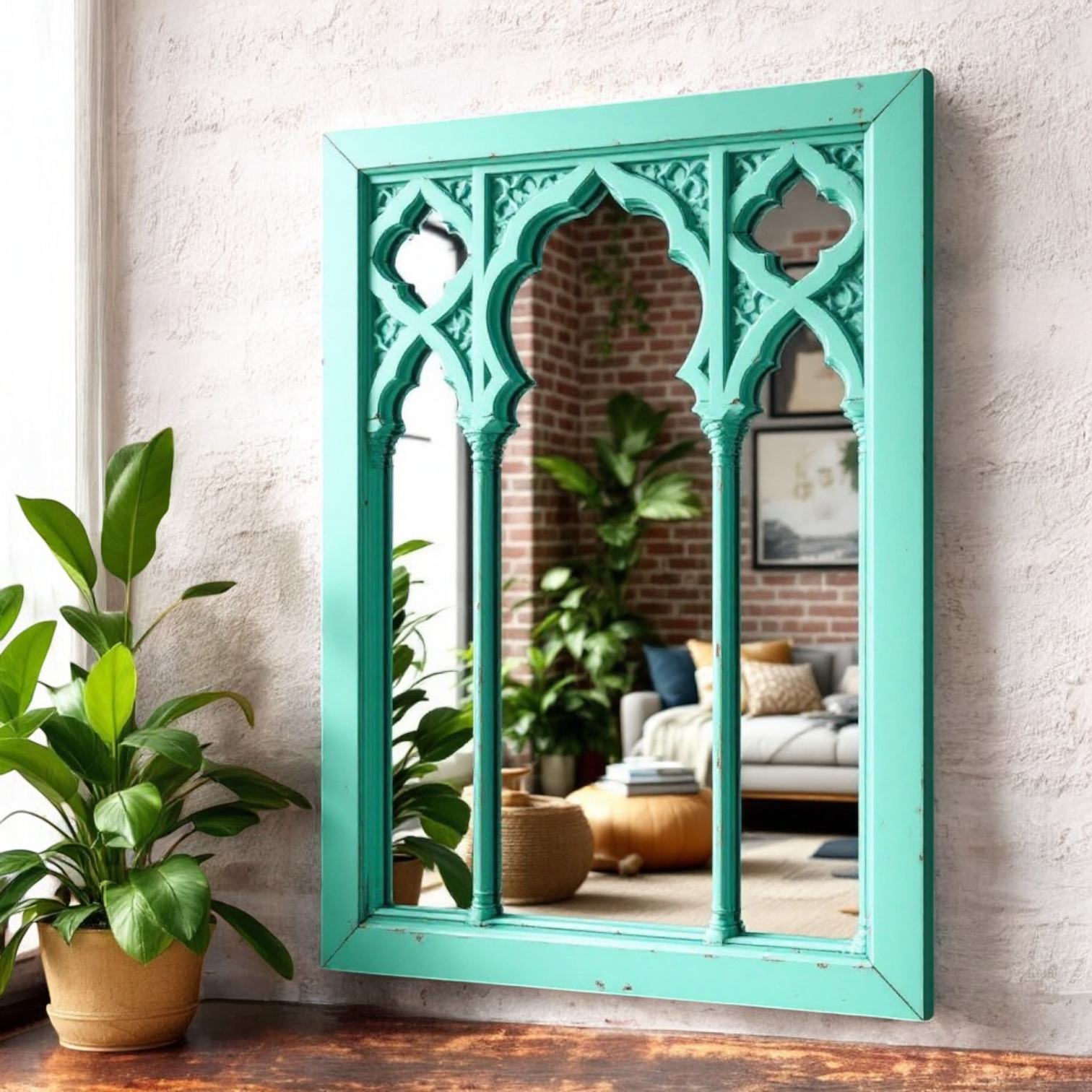 Vintage Moroccan Jharokha Wall Mirror - Decorative Arched Frame, Mint Green, Home Decor