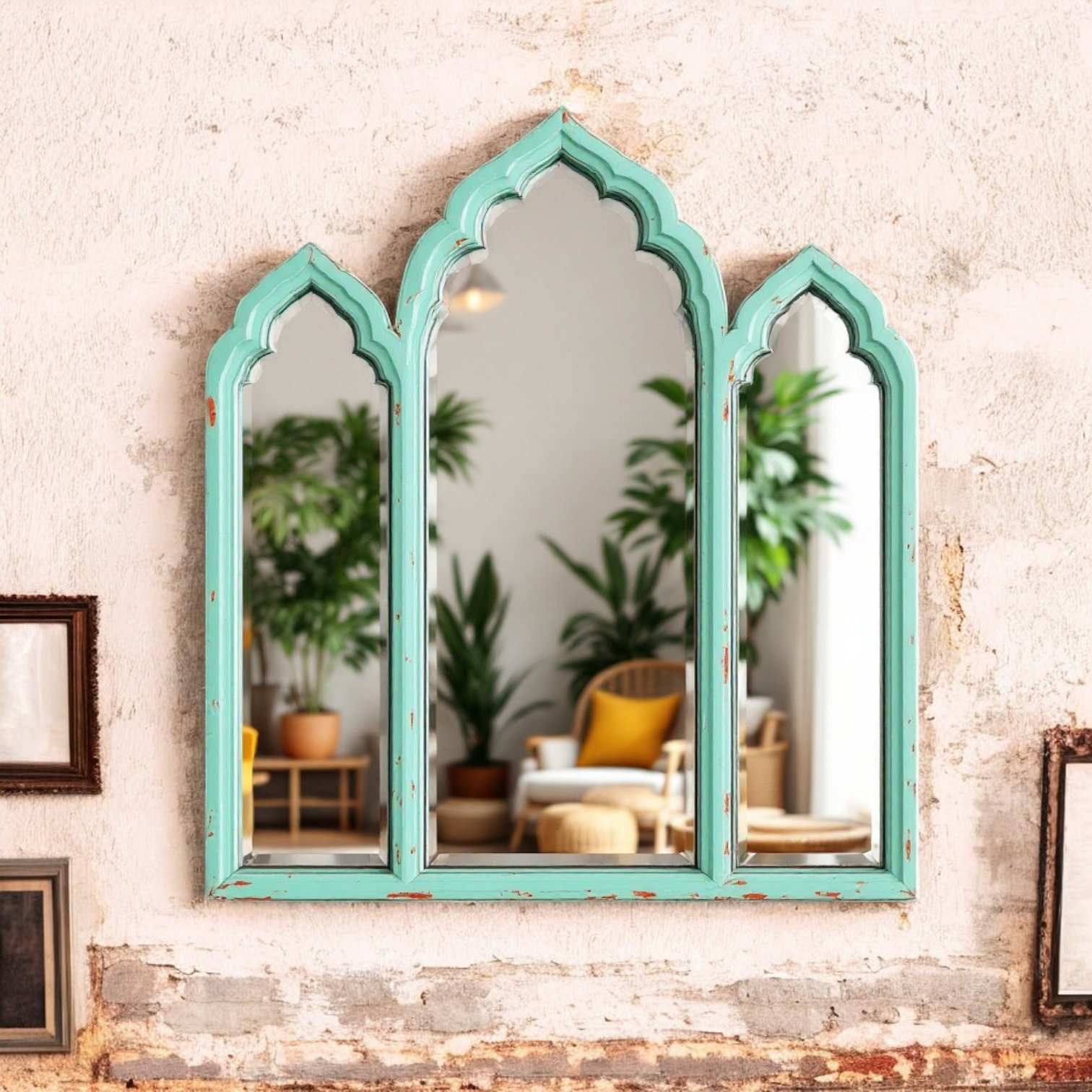 Vintage Jharokha Wall Mirror - Triple Arch Decorative Wooden Frame, Mint Green, Traditional Indian Style