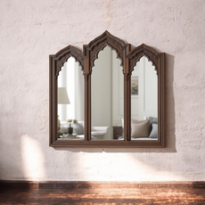 Jodhpur Hand-Carved Wooden Jharokha Mirror - Large Antique Rajasthani Style Wall Decor