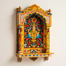 Handcrafted wooden Jharokha wall shelf with intricate floral carvings and vibrant hand-painted colors.
