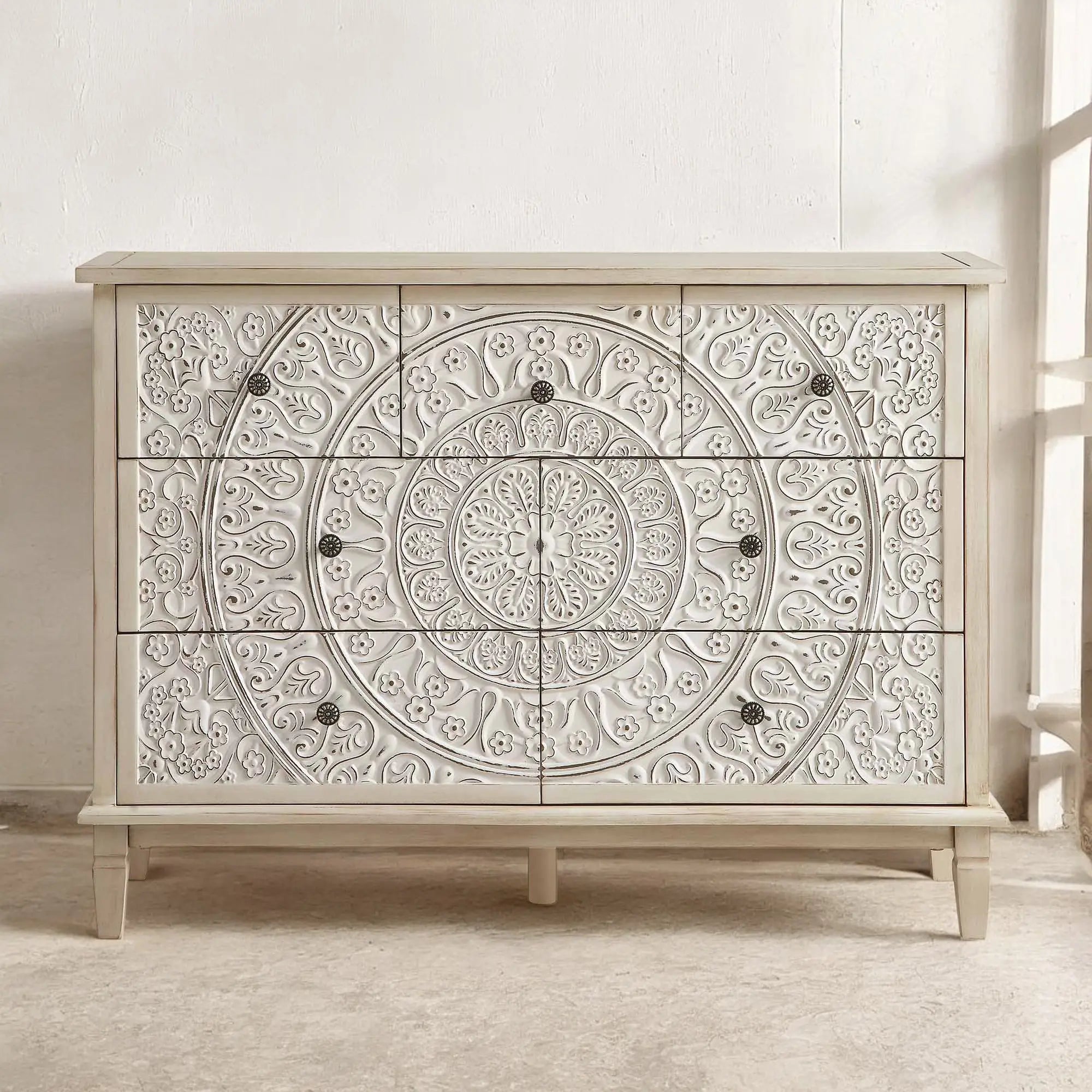 Whitewashed Carved 3 over 4 Drawer Dresser | Carved Wooden Chest of Drawer Vintage Finish | Carved Flower Mango Wood Solid DRESSER  antique furniture shop​ jlhomedecor2021.myshopify.com