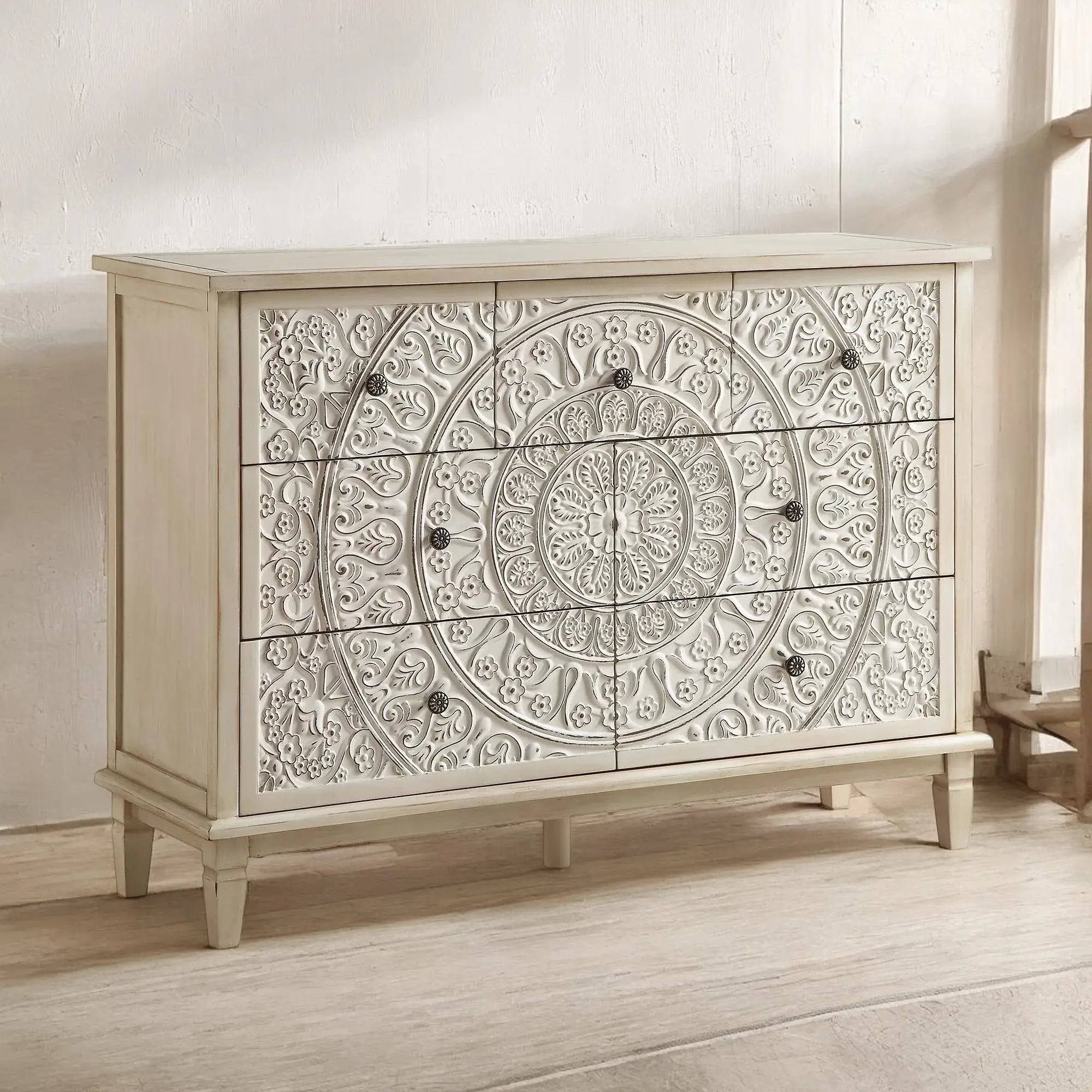 Whitewashed Carved 3 over 4 Drawer Dresser | Carved Wooden Chest of Drawer Vintage Finish | Carved Flower Mango Wood Solid DRESSER  antique furniture shop​ jlhomedecor2021.myshopify.com