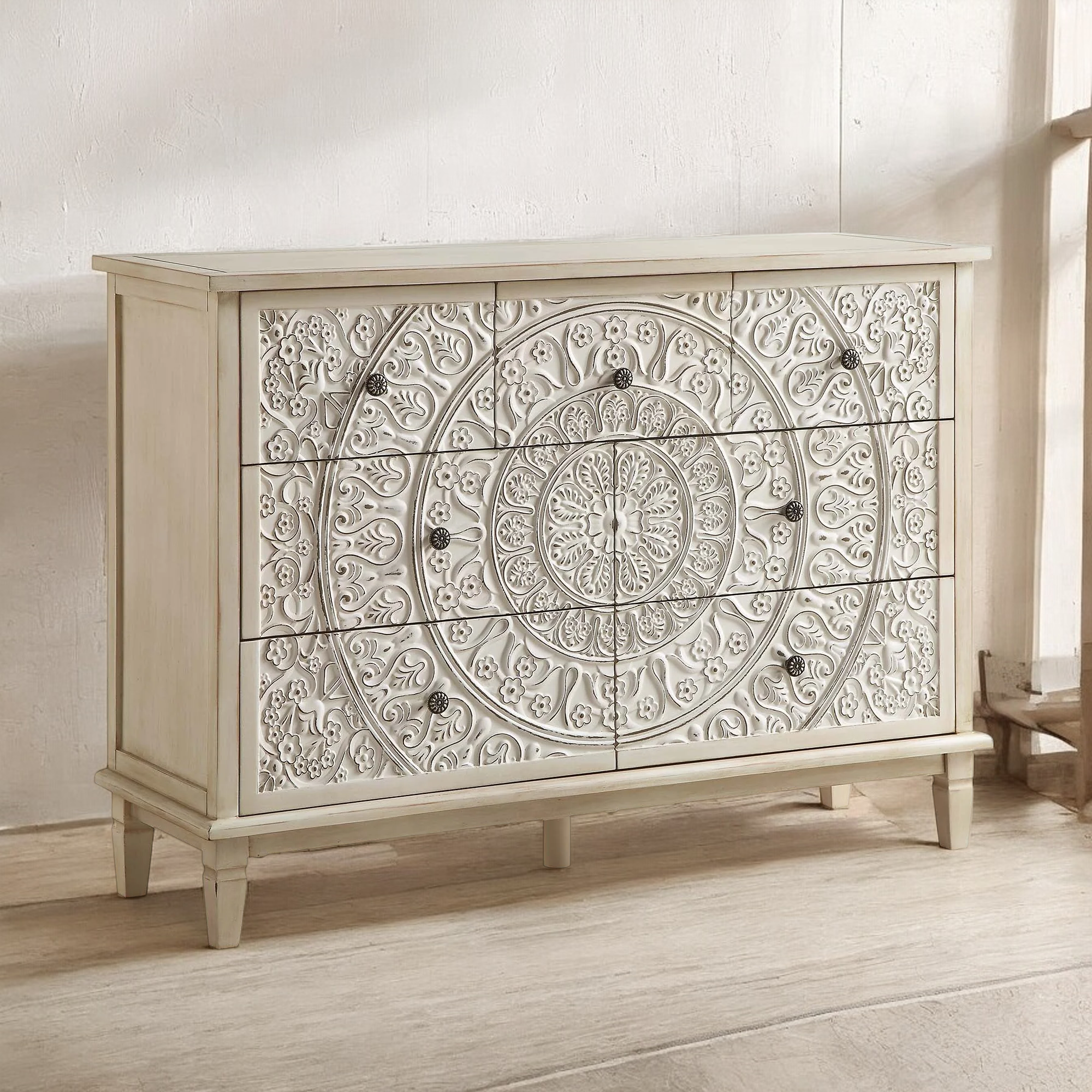Whitewashed Carved 3 over 4 Drawer Dresser | Carved Wooden Chest of Drawer Vintage Finish | Carved Flower Mango Wood Solid