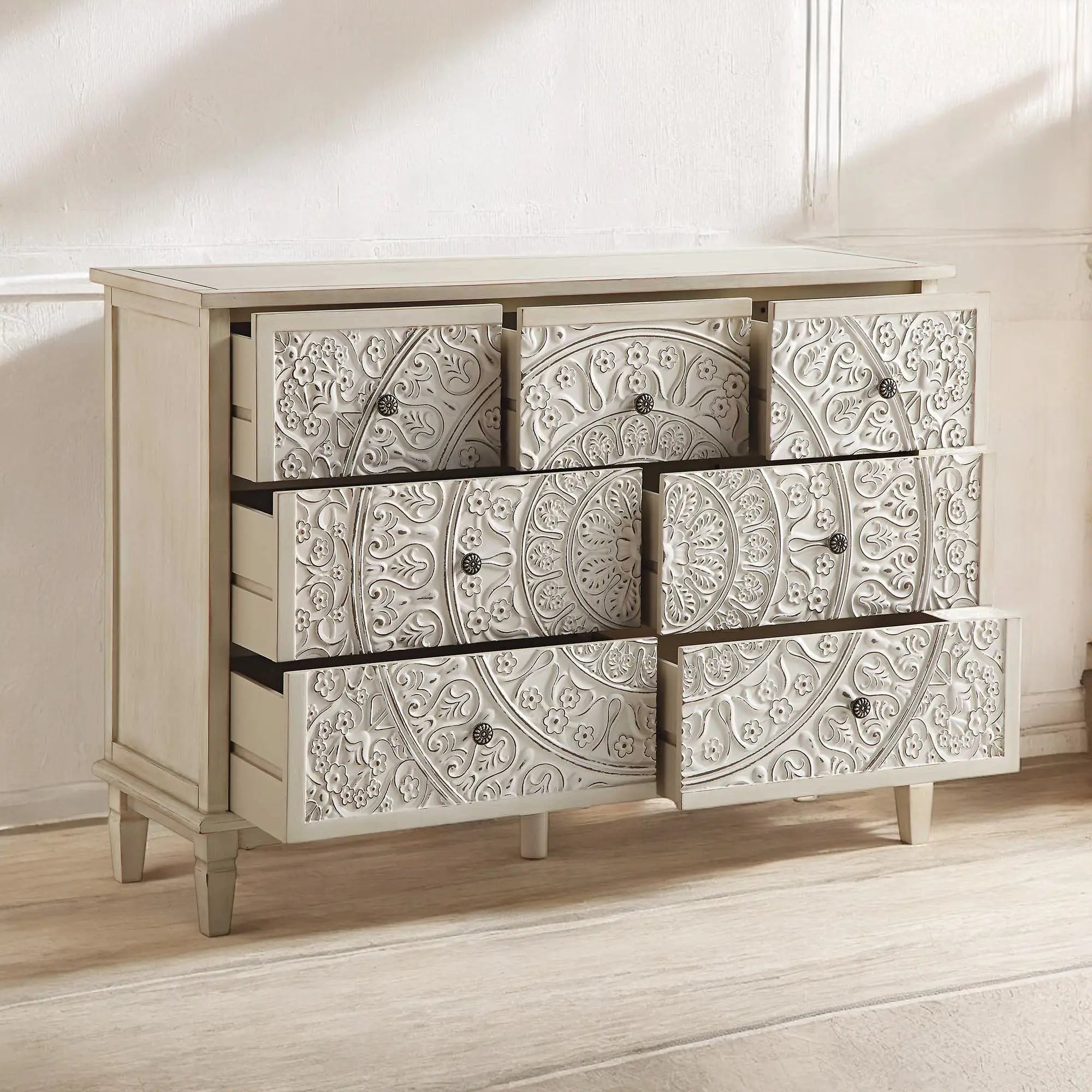 Whitewashed Carved 3 over 4 Drawer Dresser | Carved Wooden Chest of Drawer Vintage Finish | Carved Flower Mango Wood Solid DRESSER  antique furniture shop​ jlhomedecor2021.myshopify.com