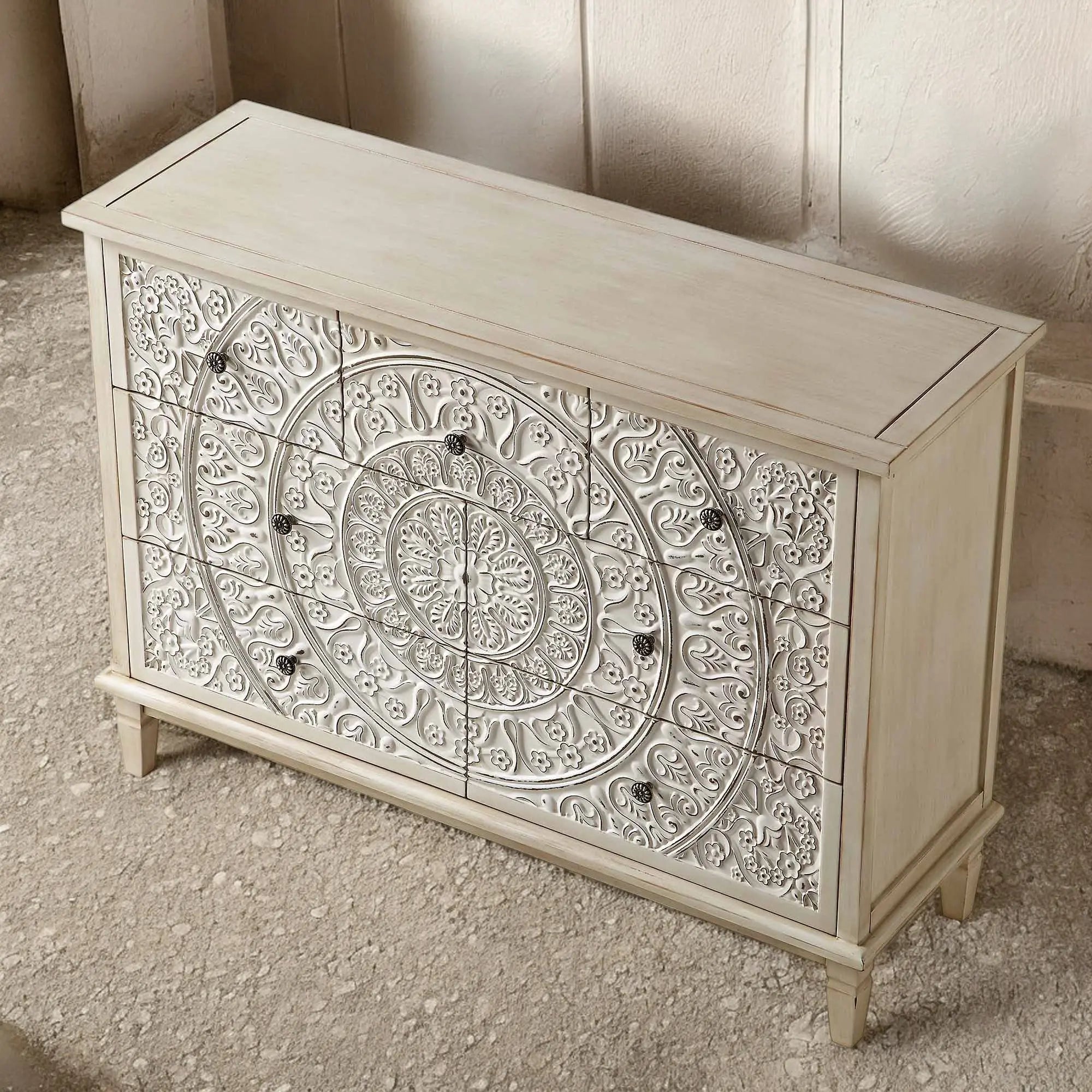 Whitewashed Carved 3 over 4 Drawer Dresser | Carved Wooden Chest of Drawer Vintage Finish | Carved Flower Mango Wood Solid DRESSER  antique furniture shop​ jlhomedecor2021.myshopify.com