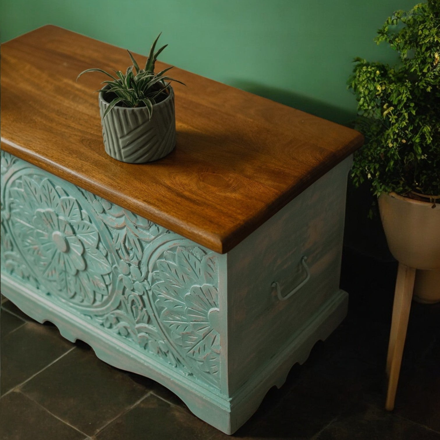 Decorative Wooden Chest - Light Blue Mango Wood Trunk
