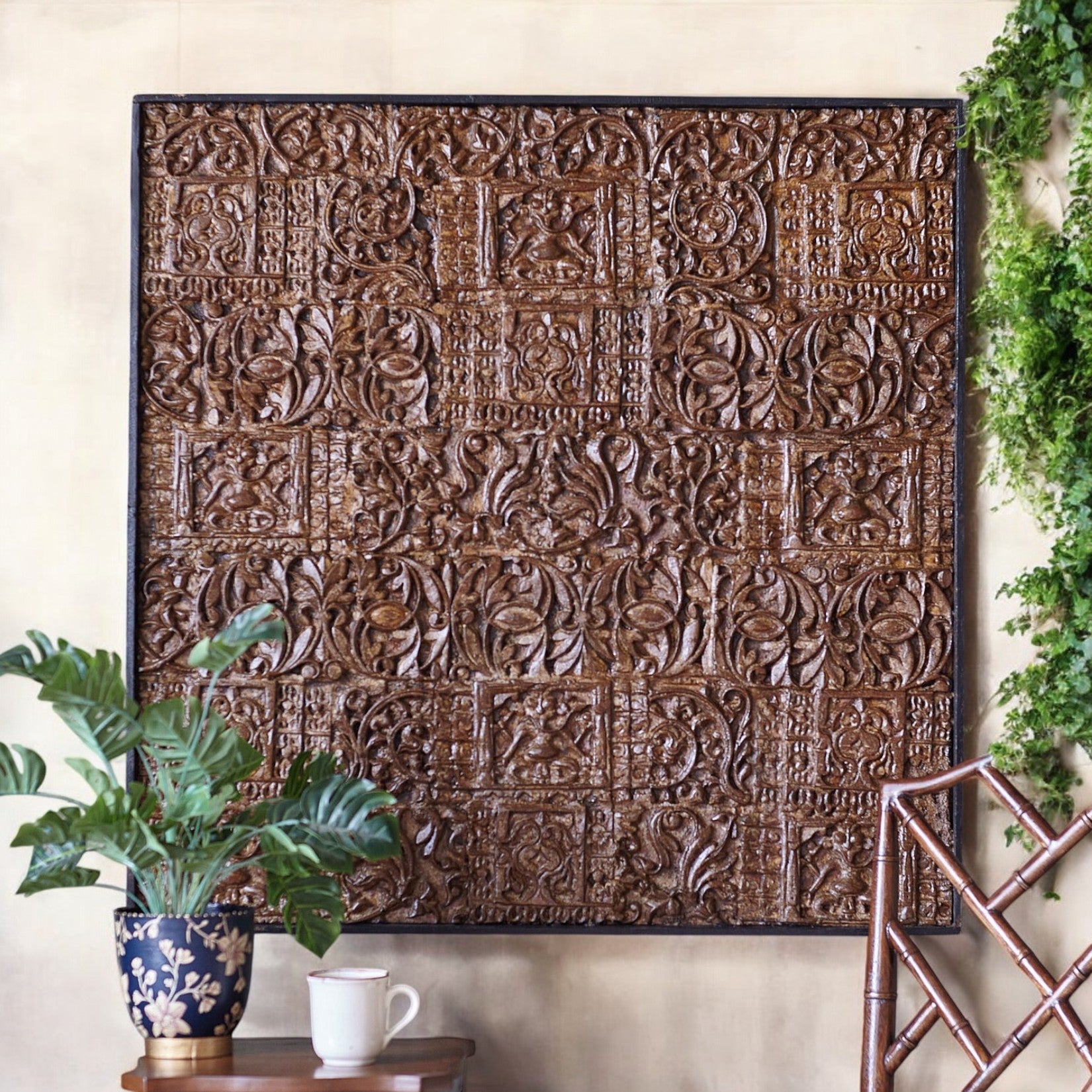 Handmade Wooden Carved Panel – Antique Wall Decor for Living Room (90x90cm) | J.L.HOME DECOR