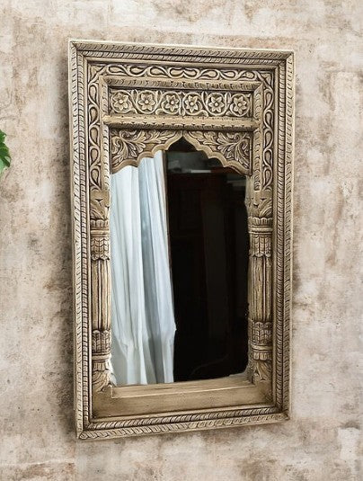 Carved Jharokha Wall Mirror | Handmade wall decor| Antique Finish Wall Mirror | jharokha mirror | antique mirror wall | vintage mirror india | big vintage mirror | vintage full length mirrors