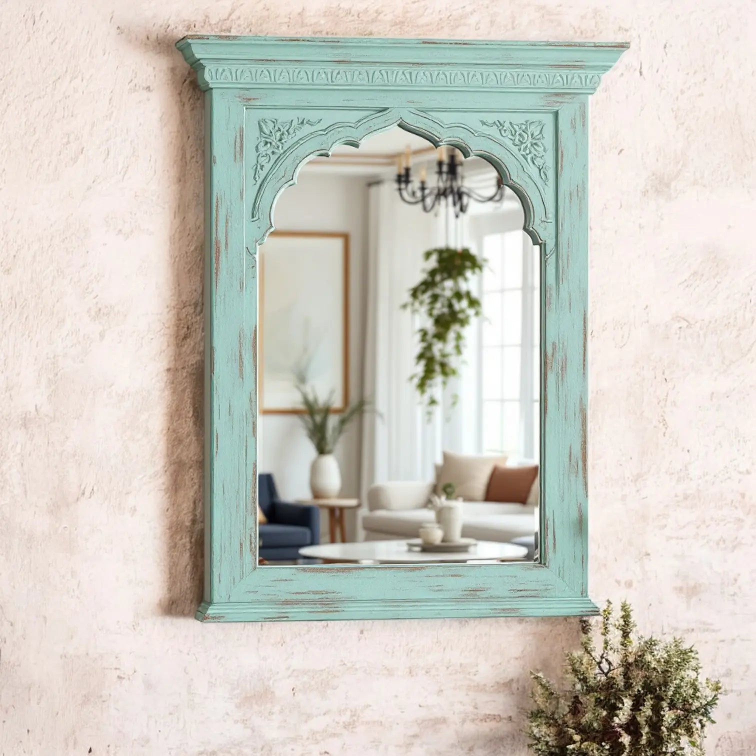 Jodhpur Vintage Wall Mirror - Distressed Mint Green, Carved Arch Jharokha Style, Decorative Frame Mirror  "Vintage Jharokha wall mirror with a Moroccan arch design and distressed mint green frame jlhomedecor2021.myshopify.com