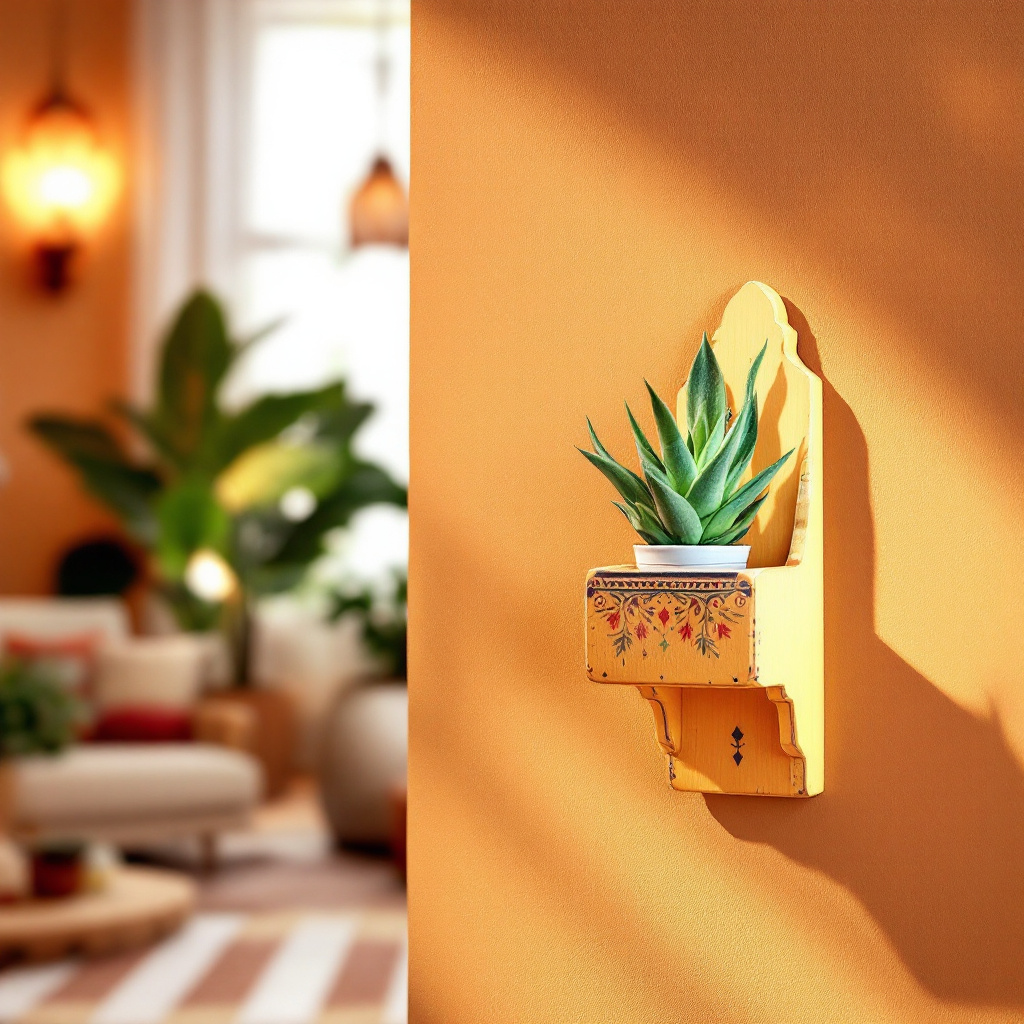 "Close-up of the hand-painted details on the yellow wooden wall shelf, showing the vibrant colors."
