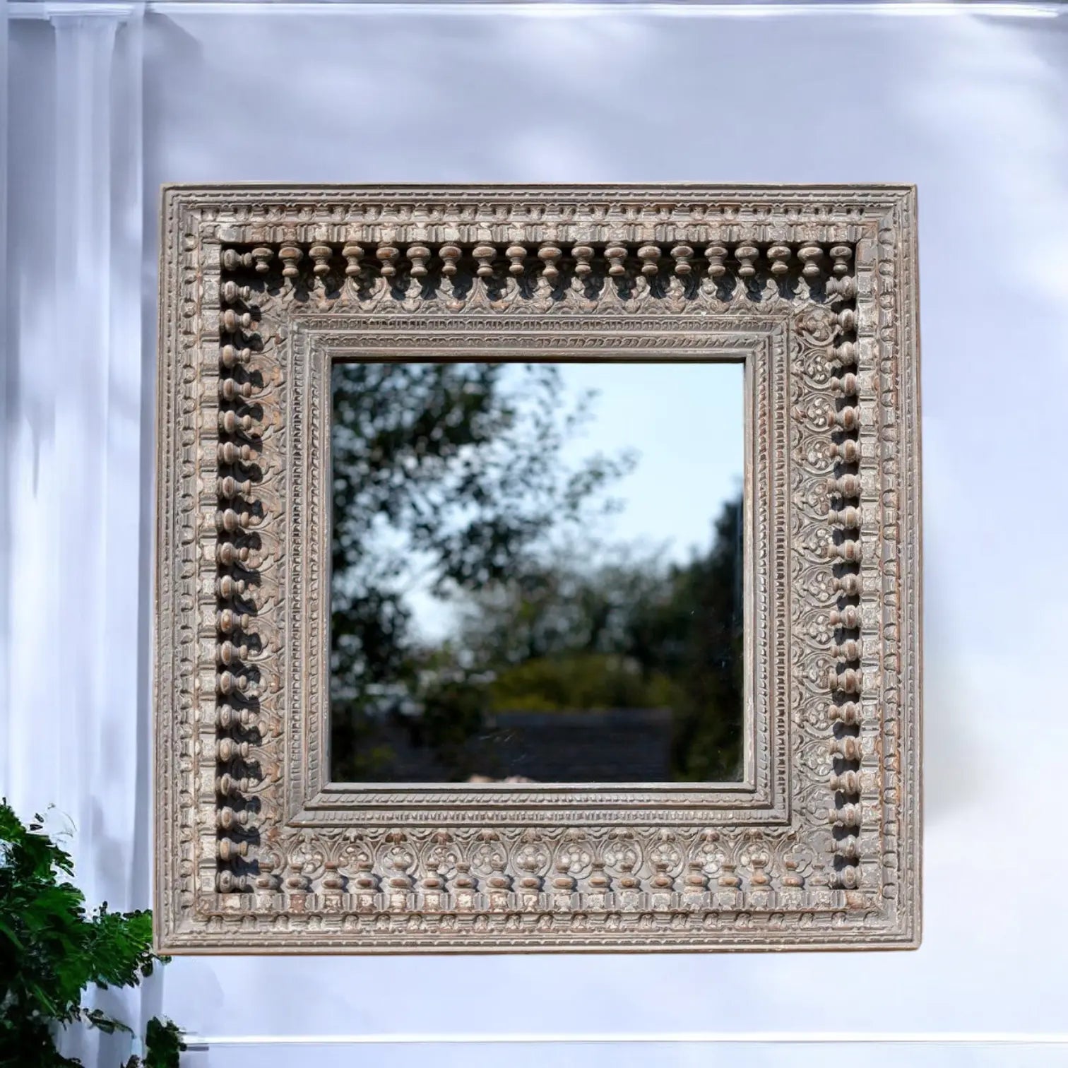 Gray Hand Carved Mirror Frame Solid Wood Mirror  architectural details jlhomedecor2021.myshopify.com