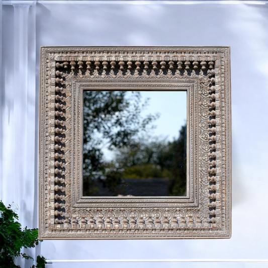 Gray Hand Carved Mirror Frame Solid Wood