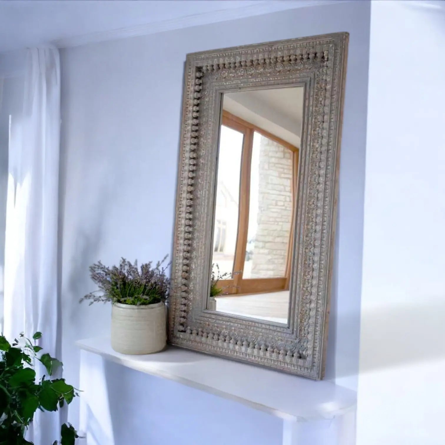 Gray Hand Carved Mirror Frame Solid Wood Mirror  architectural details jlhomedecor2021.myshopify.com