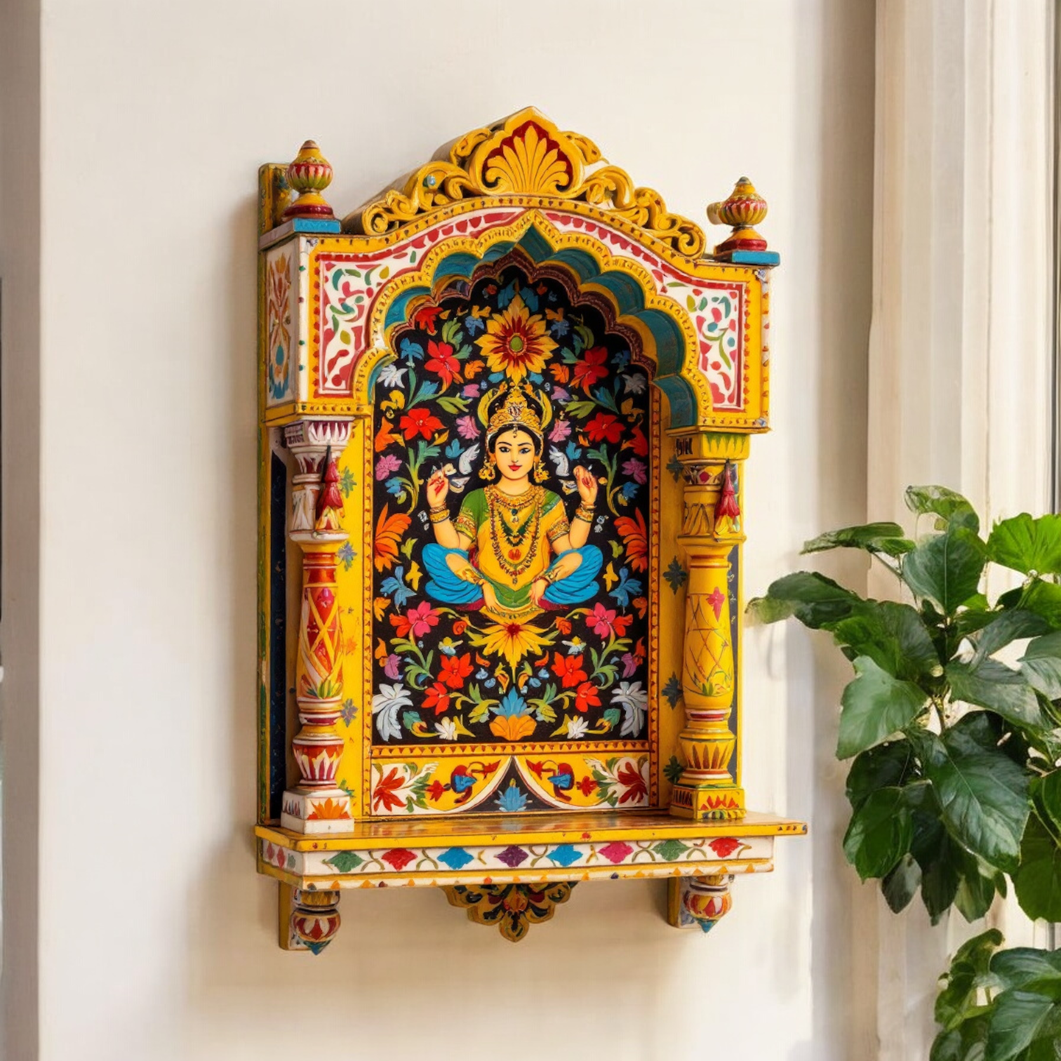 Jharokha wall decor with wall shelf brackets ready for wall mounted wooden shelves installation.