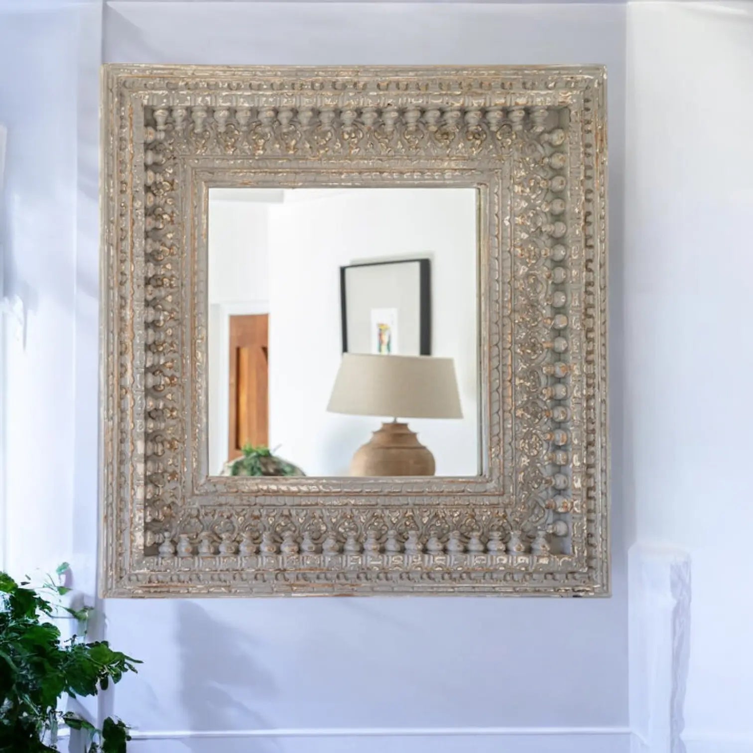 Gray Hand Carved Mirror Frame Solid Wood Mirror  architectural details jlhomedecor2021.myshopify.com
