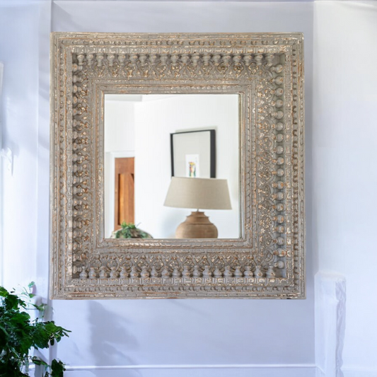 Gray Hand Carved Mirror Frame Solid Wood