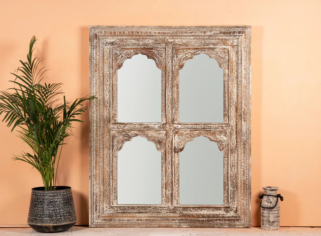 Large Vintage Wall Mirror — Carved Wood Jharokha Mirror Frame, Antique Mirror for Living Room, 150 × 120 × 8 cm
