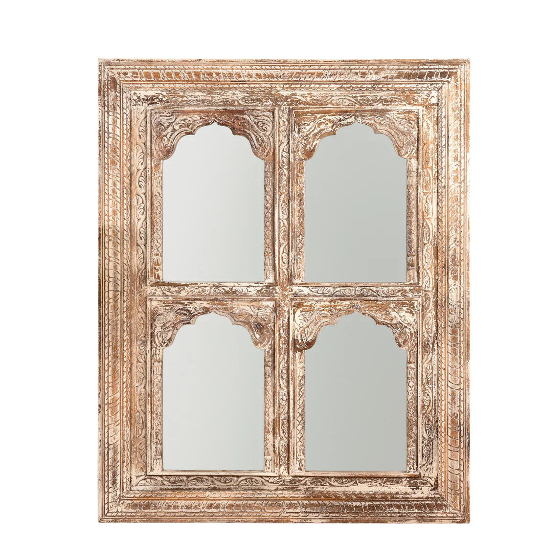 Large Vintage Wall Mirror — Carved Wood Jharokha Mirror Frame, Antique Mirror for Living Room, 150 × 120 × 8 cm