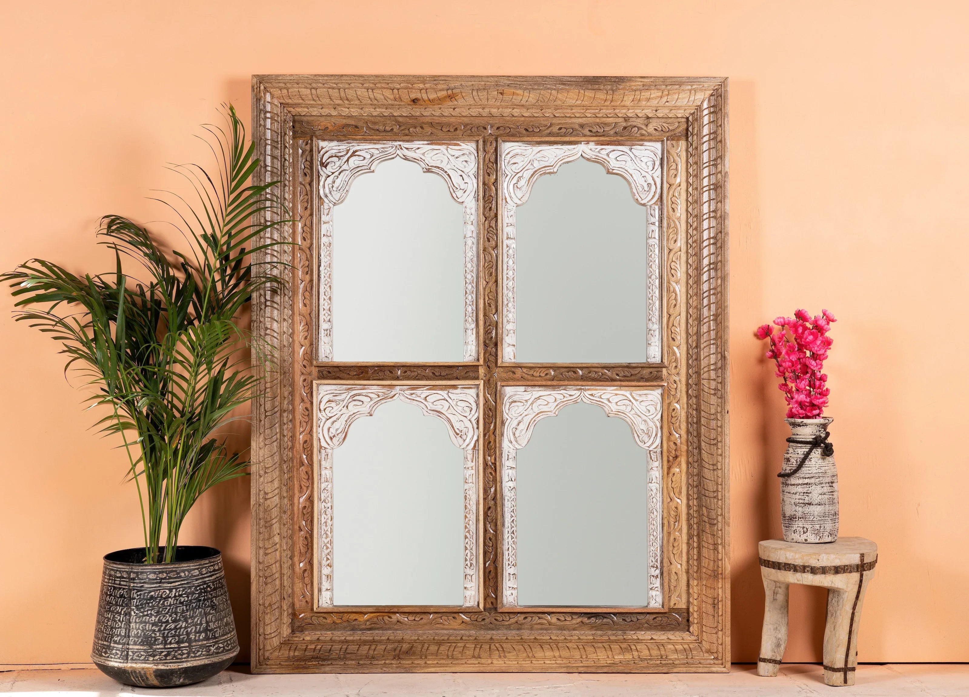 Vintage Wood Frame Jharokha Mirror, Carved Antique Wall Mirror, Large Mirror 150 × 120