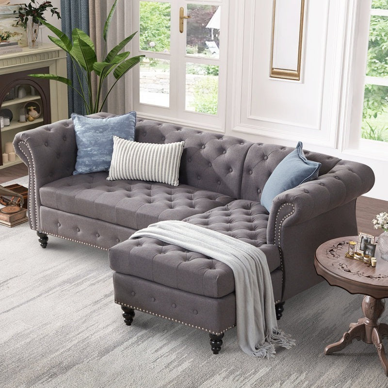 Premium Chesterfield Chaise Sofa | Custom L-Shape Tufted Upholstered Couch | Luxury Living Room Seating | J.L.HOME DECOR